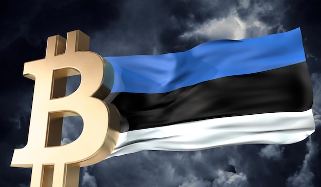 Criptomoneda bitcoin de oro con una bandera de estonia ondeando d renderizado