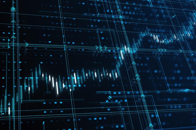 Criptomoneda de cadena de bloques y concepto de comercio en línea con candelabros digitales en crecimiento brillante sobre fondo tecnológico oscuro Representación 3D