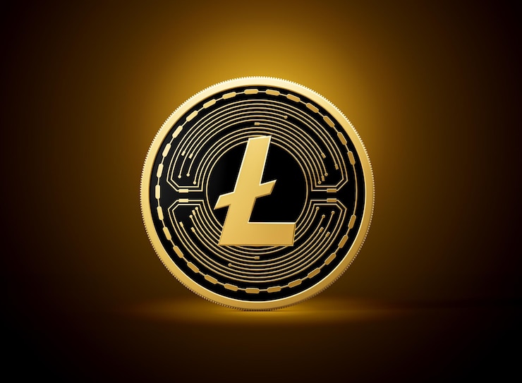 Foto y la criptomoneda dorada redondeada litecoin ltc moneda en fondo de brillo dorado ilustración 3d