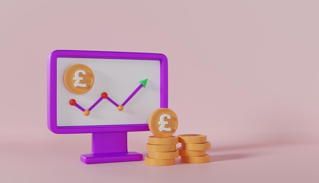 Criptomoneda de libra con monitor y gráfico en fondo rosa