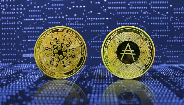 Criptomoneda de la moneda de oro Cardano ADA en el fondo de la placa de circuito electrónico de la computadora