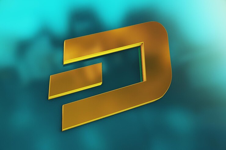 Criptomoneda de oro 3d dash y fondo azul reflejado