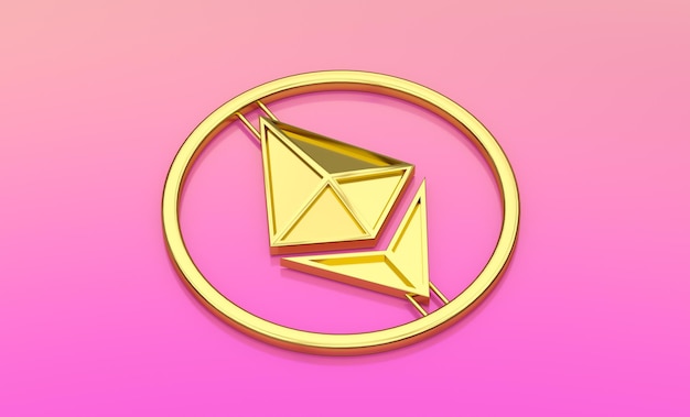 Criptomoneda de oro 3d ethereum y fondo rosa reflejado