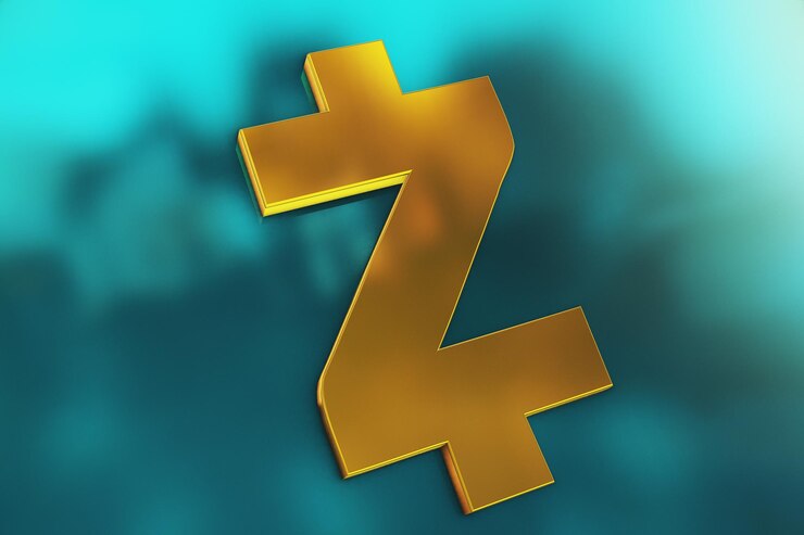 Foto criptomoneda de oro 3d zcash y fondo azul reflejado