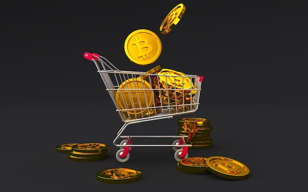 Criptomoneda de oro cayendo en el carrito de compras aislada en fondo negro 3d renderización de moneda comprada ilustración