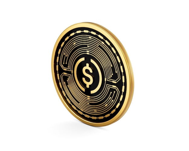 Y la criptomoneda redondeada negra moneda de oro USD USDC aislada en fondo blanco Ilustración 3d