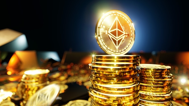 Criptomonedas Ethereum cayendo monedas rodeadas de lingotes de oro