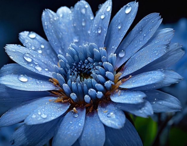 El crisantemo azul con gotas de rocío en los pétalos