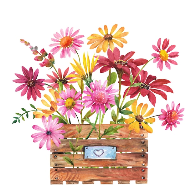 Crisantemos de acuarela Flores de crisantemos multicolores en una cesta de madera