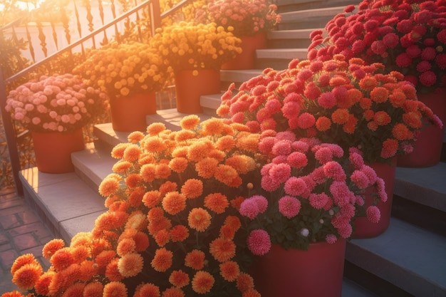 Crisantemos plantas y flores en macetas en una puerta que conduce a un jardín o patio