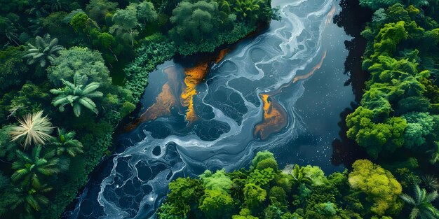 Foto crise ambiental rio amazonas contaminado por derramamento de petróleo devastação de vida selvagem e plantas conceito floresta amazônica danos ambientais derramamentos de petróleo conservação da vida selvagem