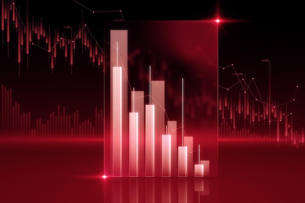 Crise da economia global e conceito de queda do mercado de ações com castiçal de gráfico financeiro vermelho digital caindo e gráficos em renderização 3D de fundo escuro