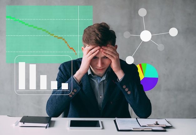 Foto crise financeira corporativa, estatísticas ruins, homem kpi