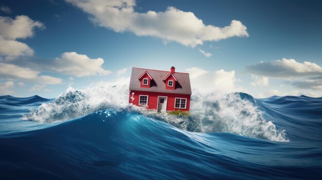 Foto crise imobiliária com uma imagem poderosa uma pequena casa em uma bóia salva-vidas à deriva em um vasto mar azul e céu