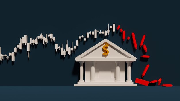 Crisis bancaria y caída del precio de las acciones debido a las subidas de tipos de interés 3D rendering