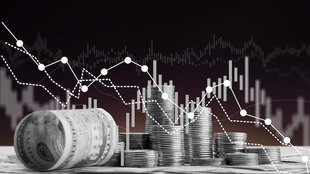 Crisis económica financiera. Monedas con gráfico económico cayendo debido a la pandemia de covid-19,