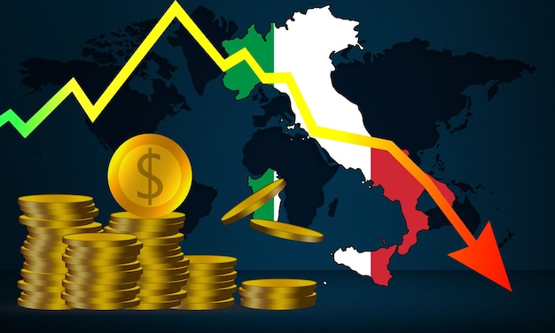 Crisis económica de Italia con pila de monedas de oro