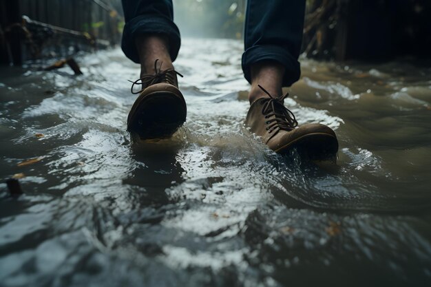 Crisis de inundación de cerca de los pies sumergidos