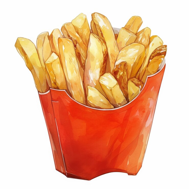Crispy Aquarel French Fries Clipart Elemento de comida rápida aislado en un fondo blanco