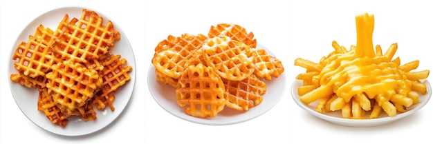 Crispy golden waffle fries topped with melted cheese perfecto para el bocadillo Disfruta de la deliciosa combinación de sabores y texturas en cada bocado