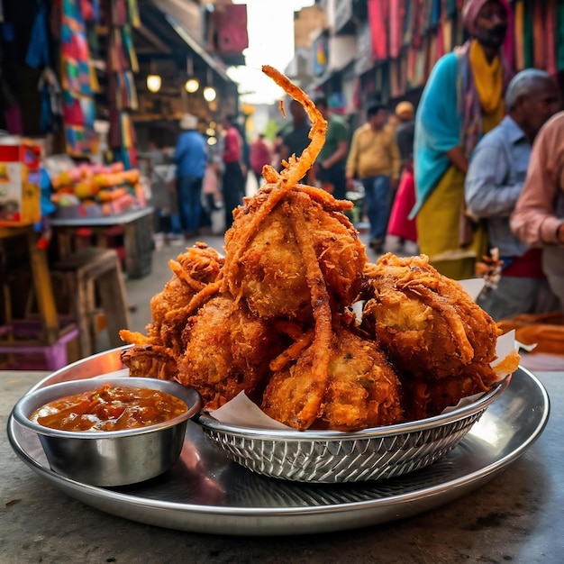 Foto crispy kanda bhaji o bhajji o pyaj pakode o cebolla frita pakora es una deliciosa comida callejera de la india