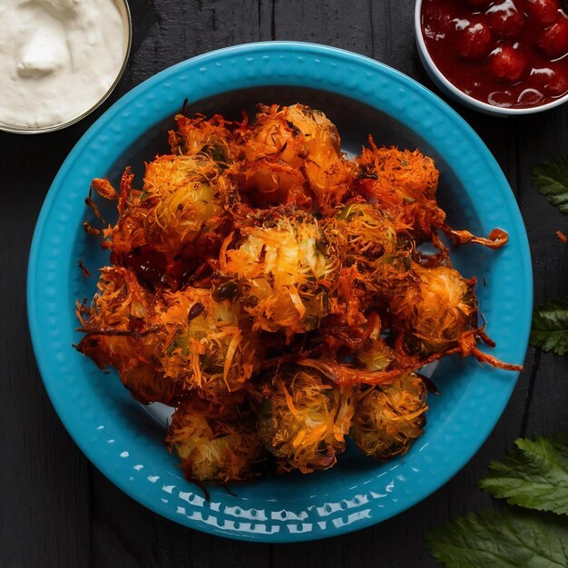 Foto crispy kanda bhaji ou bhajji ou pyaj pakode ou cebola frita pakora deliciosa comida de rua da índia