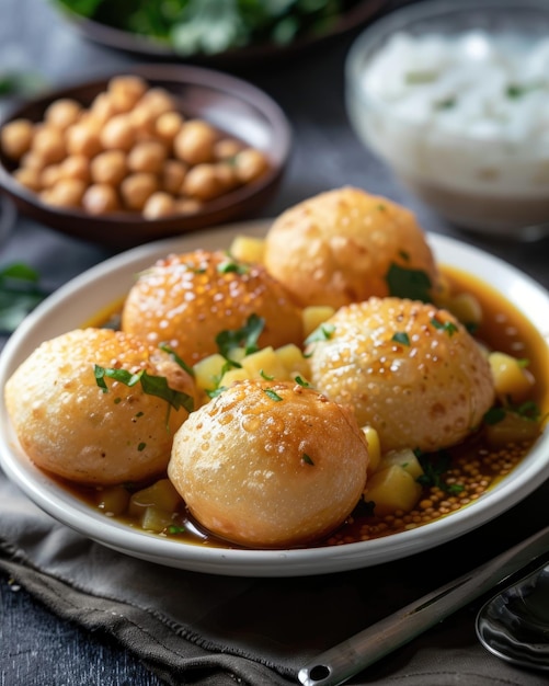 Crispy pani puri un clásico bocadillo de la calle indio adornado con cilantro en un cuenco de madera sobre blanco