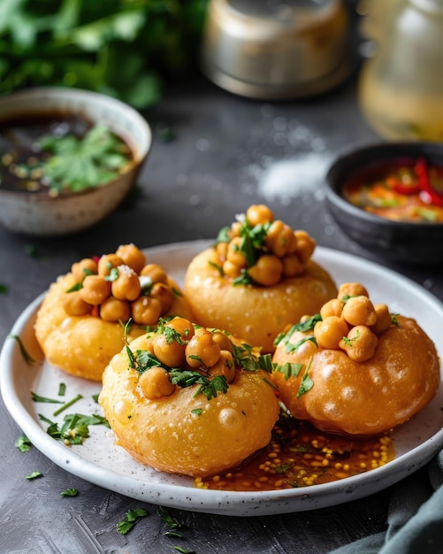 Crispy pani puri ein klassischer indischer Straßensnack, garniert mit Koriander in einer Holzschüssel auf Weiß