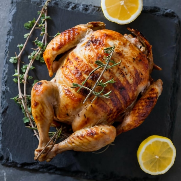 Foto crispy suculento rotisserie frango close-up em uma tábua de ardósia na mesa prato de férias