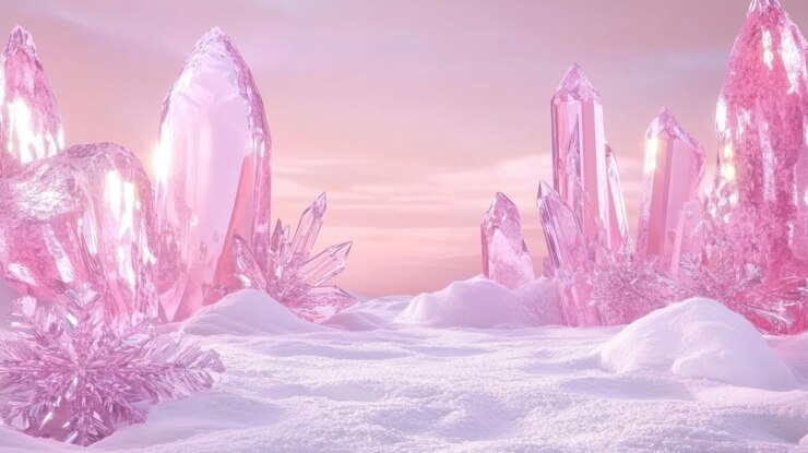 Foto cristais cor-de-rosa brilhando na paisagem coberta de neve ao pôr-do-sol