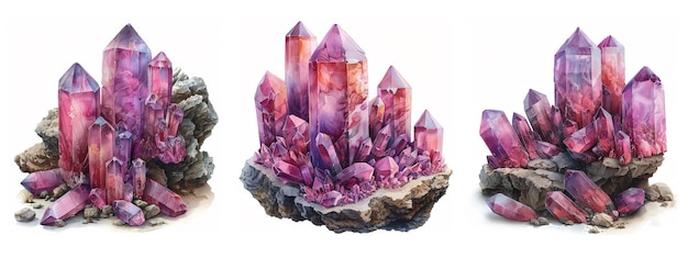 Foto cristais de aquarela coloridos cristalos de ametista roxa desenhados à mão crescem a partir de seixos cinzentos belos polígonos de vidro de acuarela