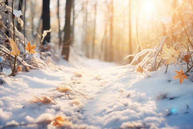 Cristais de sol em flocos de neve em um caminho florestal