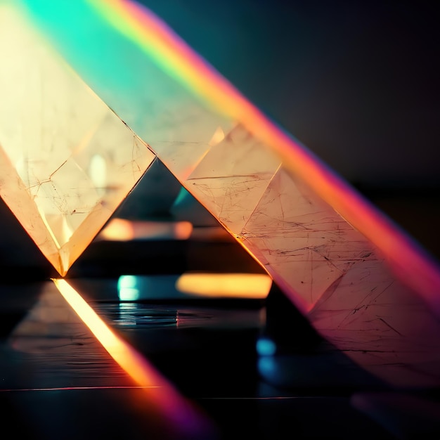 Cristais de vidro e prismas com raios de espectro de cores Ilustração 3D de fundo de arte óptica abstrata