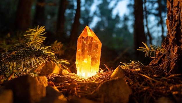 Cristal de ámbar en el bosque por la noche enfoque selectivo