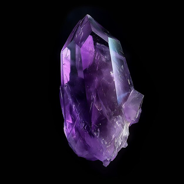 Foto cristal de ametista con forma prismática puntiaguda y piedra púrpura profunda aislada en arte de lujo bg negro