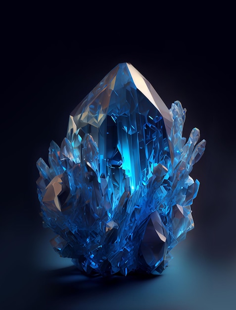 Cristal azul brilhante mágico em fundo escuro