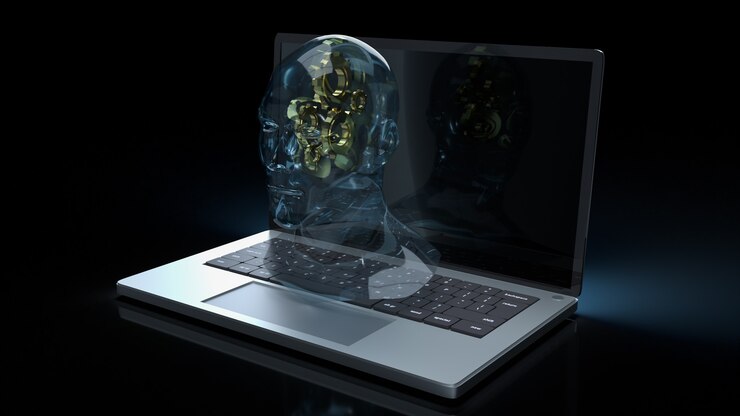 Foto el cristal de la cabeza humana y el engranaje dorado en el interior de la computadora portátil para el aprendizaje automático o la representación 3d de contenido de inteligencia artificial
