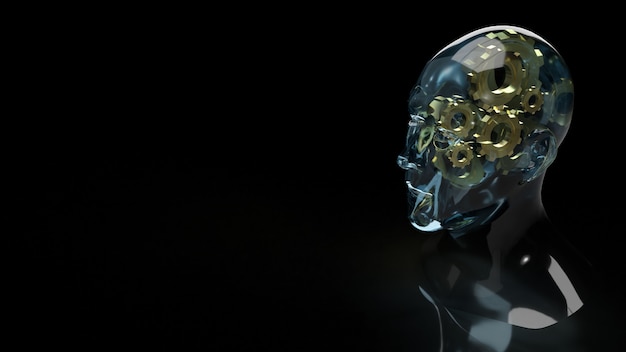 El cristal de la cabeza humana y el engranaje dorado en el interior para la representación 3d del contenido de la idea del símbolo