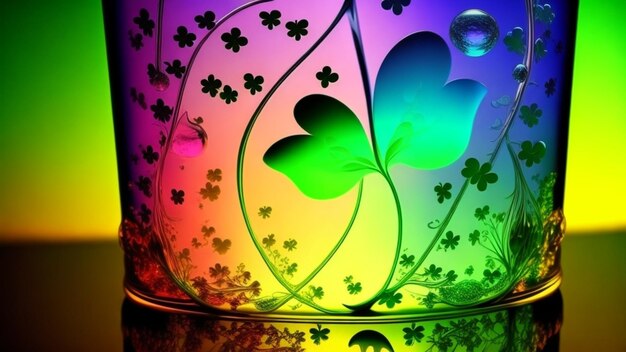 Un cristal de color arco iris con un arco iris y tréboles de cuatro hojas.