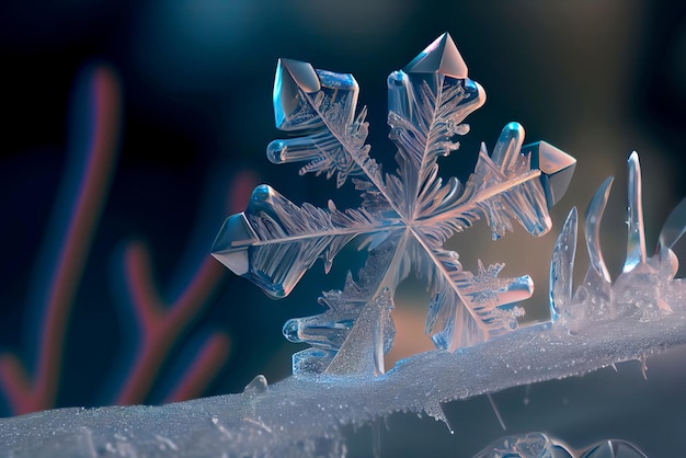 Cristal de neve real na superfície de vidro Floco de neve em fundo gradiente suave