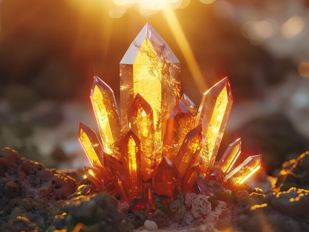 Cristal de Quartzo de Fogo Detalhes intrincados Abraçando o Caos Beleza cativante Renderização 3D Lente de Horas de Ouro Flare Silueta filmada