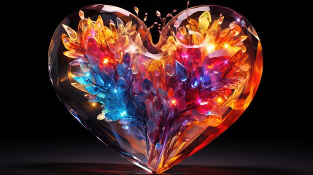 Cristal em forma de coração exibindo uma deslumbrante variedade de brilhos coloridos