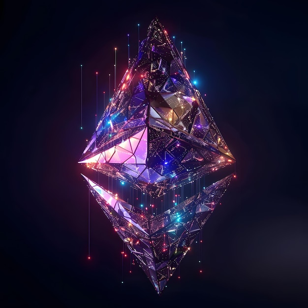 Cristal Ethereum con luces de neón en un fondo oscuro