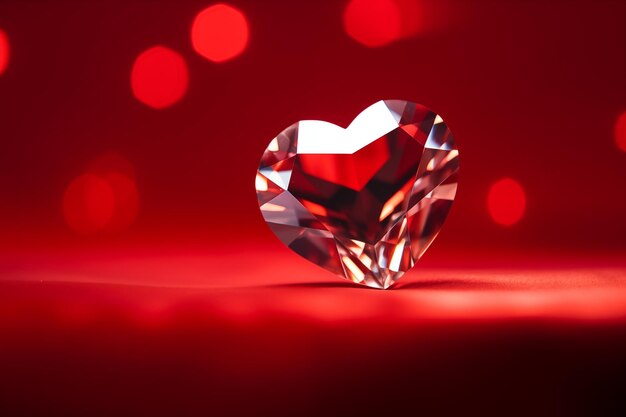 Cristal en forma de corazón flotando sobre un fondo rojo intenso