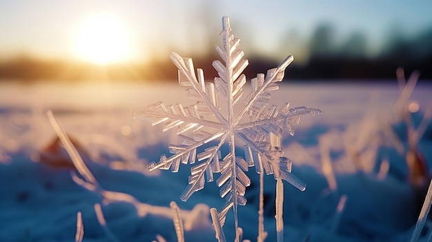 Foto cristal de hielo de invierno parpadeando en el sol contra el fondo de la cubierta de nieve