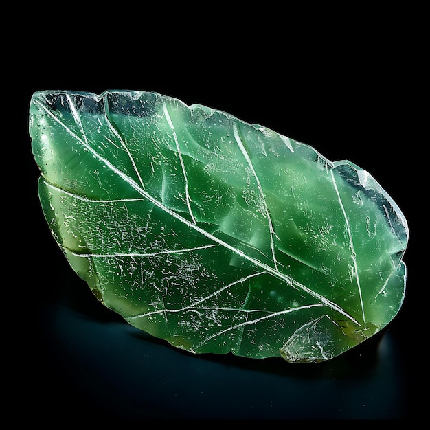 Cristal de jade con una forma en forma de hoja y una piedra de color verde rico aislada en arte de lujo BG negro