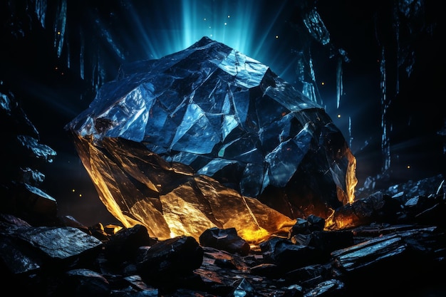 Foto cristal mágico azul oscuro que emite brillantes rayos de luz en el espacio mineral esotérico para la venta