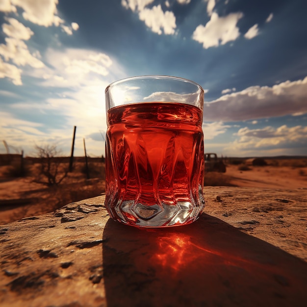 Foto cristal rojo del horizonte carmesí con cielo nublado