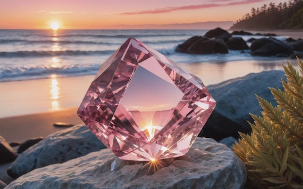 Un cristal rosa se sienta en una roca frente a una puesta de sol