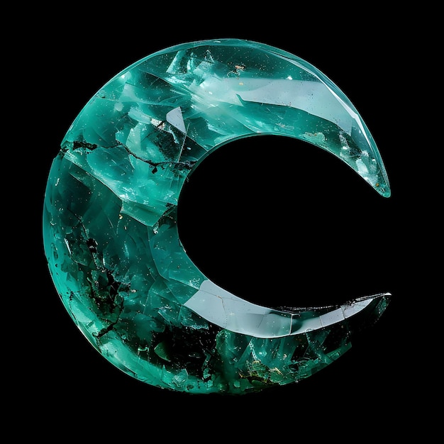 Cristal turquesa con forma de luna creciente y una piedra llamativa aislada en arte de lujo BG negro